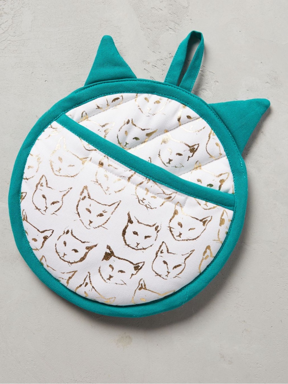 NWOT Anthropologie Teal and Gold Metallic Cat Pot Holder designed by Leah Goren